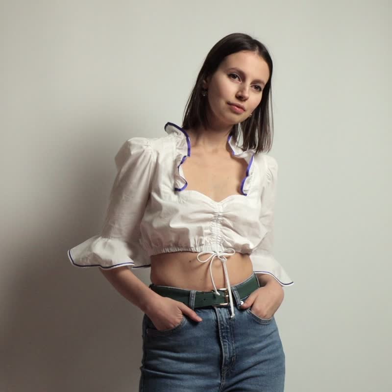 Austrian Bavarian Octoberfest Tyrol Cotton Embroidered Traditional Crop Top 4727 - 女装上衣 - 其他材质 白色