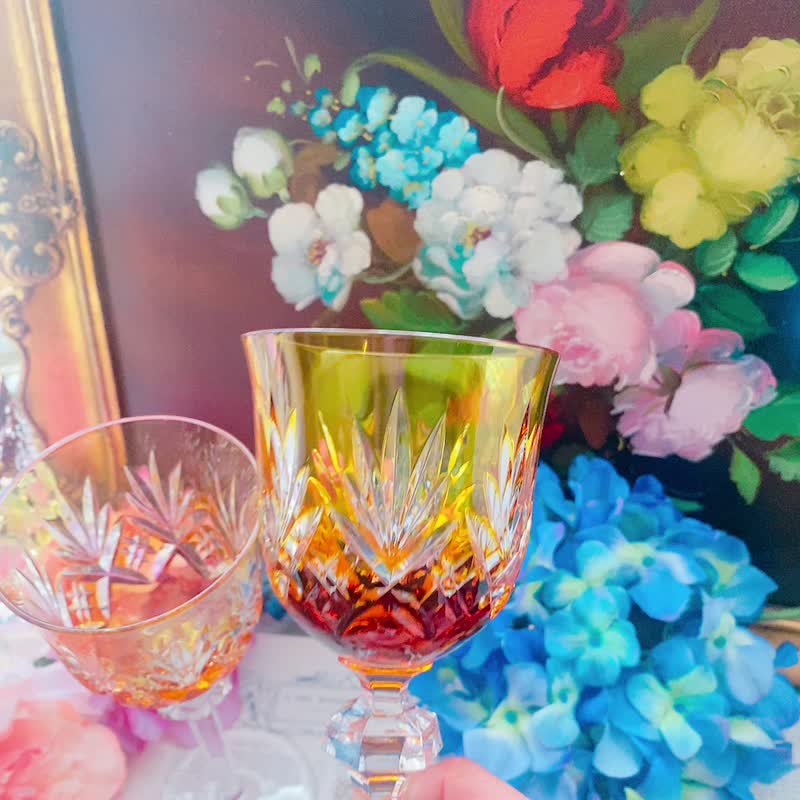 法国手工切割橘色古董水晶杯 酒杯 白酒杯 果汁杯 古董杯一只 - 酒杯/酒器 - 水晶 金色