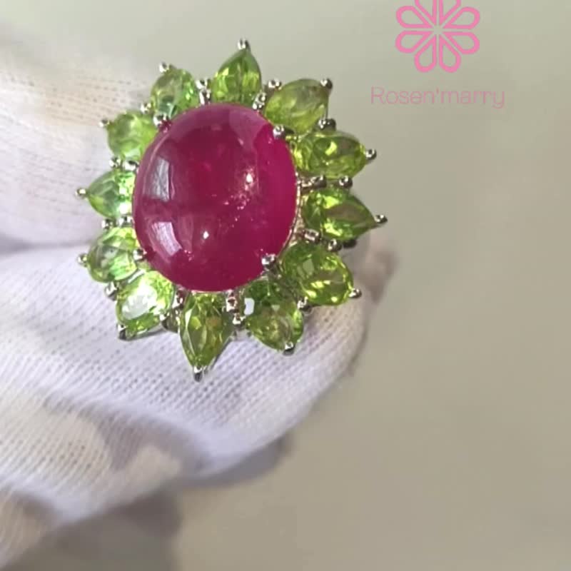正品 30 克拉橄榄石红宝石戒指，925银镶嵌，镀白金，尺寸 53 - 戒指 - 纯银 红色