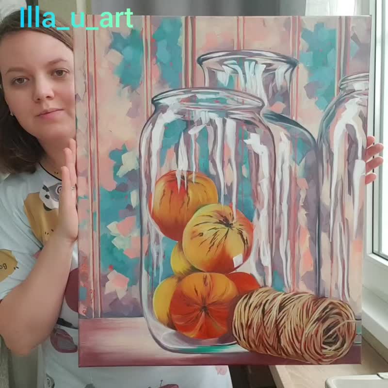 Apple Painting Jar Original Art Still Life Wall Art Oil Painting Canvas Art - 海报/装饰画/版画 - 棉．麻 多色