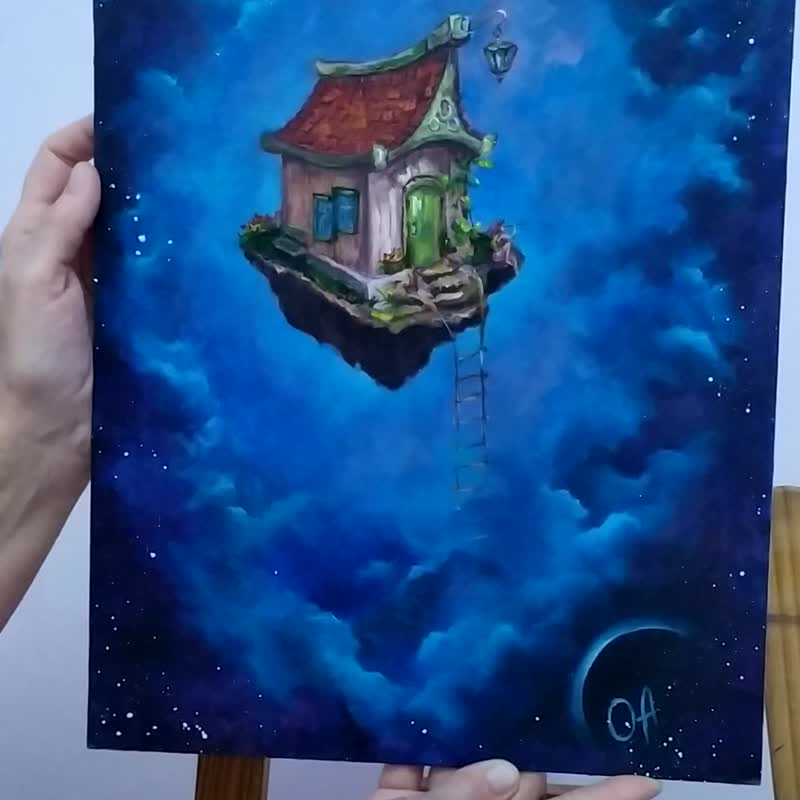 油画。太空中的房子。孩子用望远镜。太空旅行。 - 海报/装饰画/版画 - 纸 蓝色