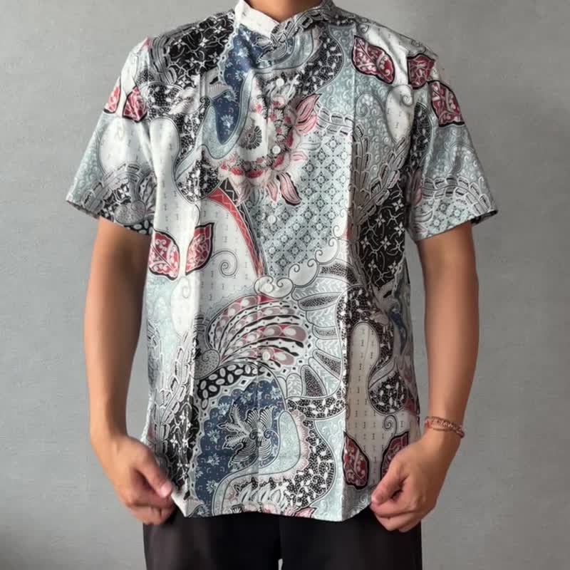 印尼蜡染大尺码短袖衬衫 ARJUNA - 白橙蓝 - ARJ009 - 男装衬衫 - 棉．麻 透明