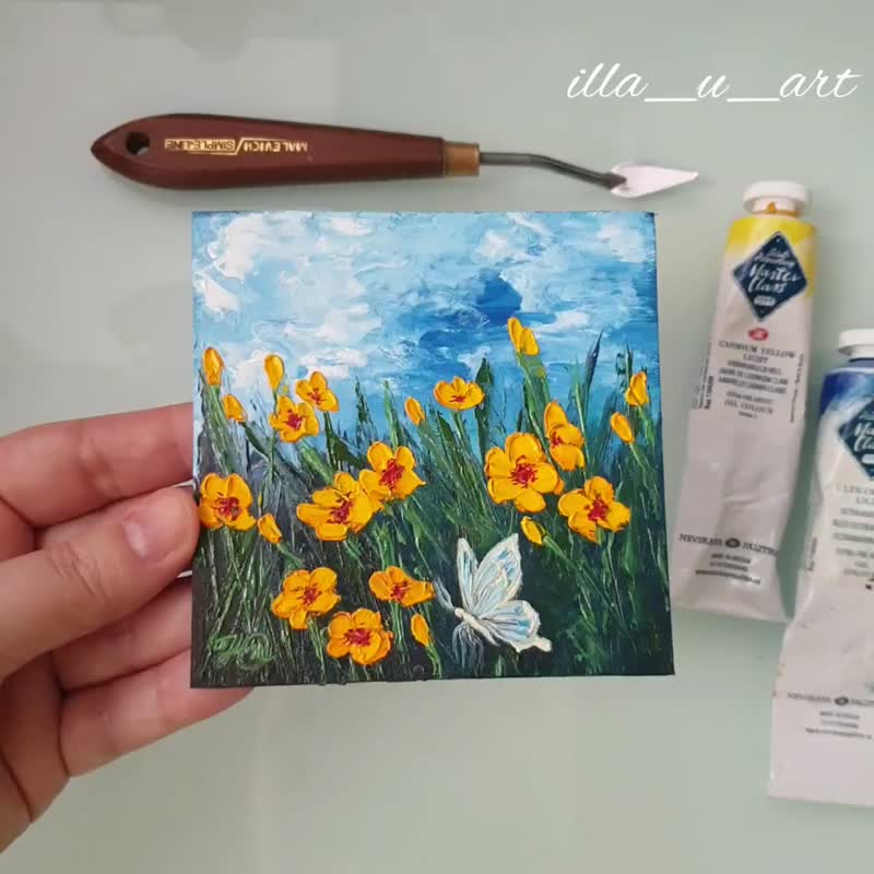 毛茛属画蝴蝶原创艺术野花墙艺术油画 - 海报/装饰画/版画 - 其他材质 黄色