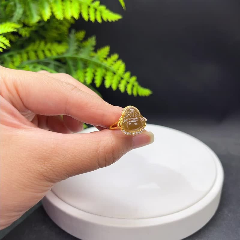 和田玉糖料活口戒指 S925 银镀金 大肚笑佛佛公 质地油润 - 戒指 - 玉石 