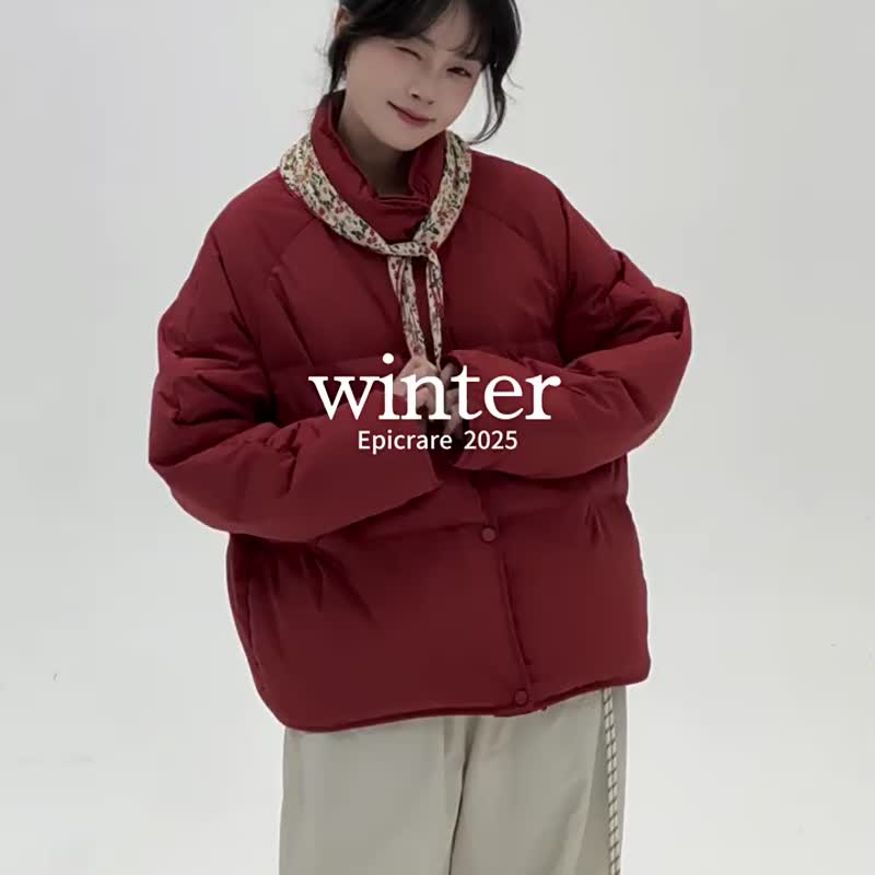 新年紅 立領羽絨服 90絨文藝簡約保暖寬鬆面包服外套 - 女装休闲/机能外套 - 其他人造纤维 红色