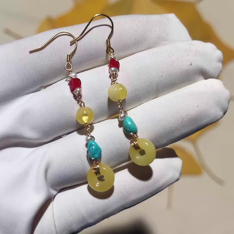 进口14K包金绕线手工制作琥珀珍珠宝石耳环 - 耳环/耳夹 - 宝石 多色