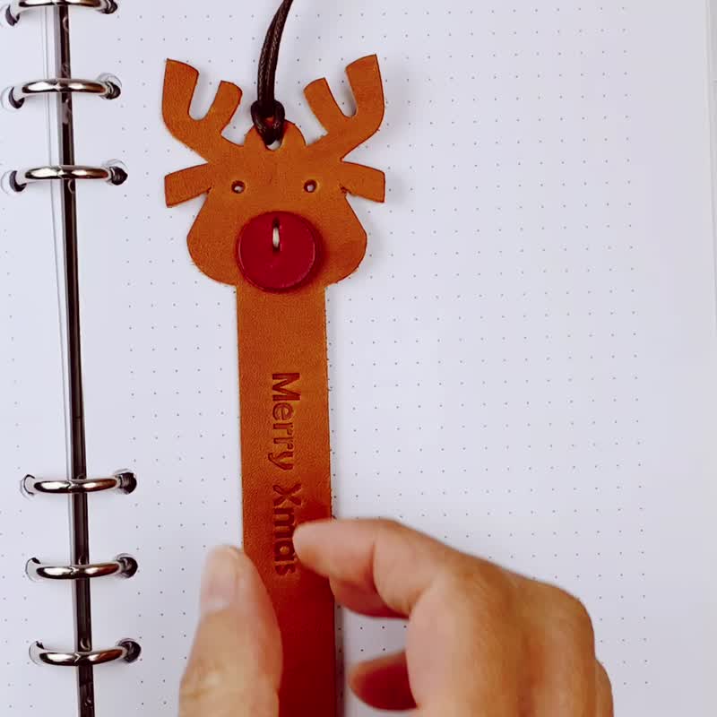 耶诞快乐-圣诞麋鹿-交换礼物-皮革书签-真皮植鞣革-印字 - 书签 - 真皮 咖啡色