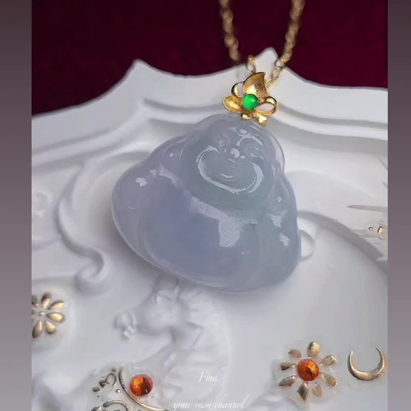 招财•顺遂•平安•常乐|纯18k金镶冰紫大肚佛|缅甸A货翡翠吊坠 - 项链 - 玉石 