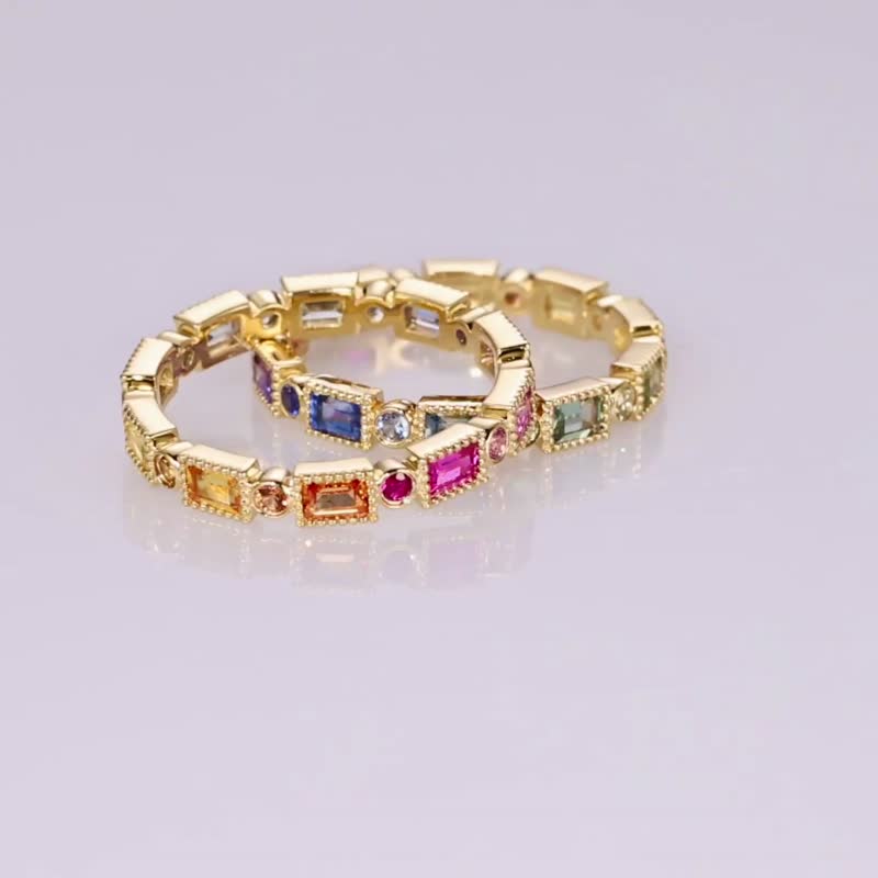 珍奥斯丁天然刚玉珠边古典梯方耳圈耳环18k金彩色蓝宝石戒指 - 戒指 - 宝石 多色