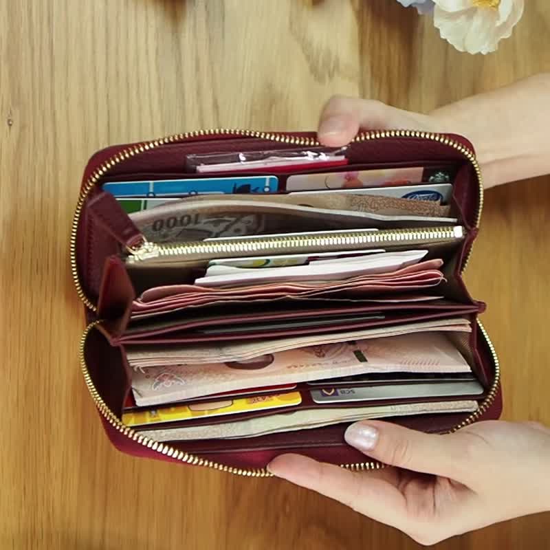 DOLLAR (酒红色)：拉链长夹、牛皮、深红色皮夹 - 皮夹/钱包 - 真皮 红色