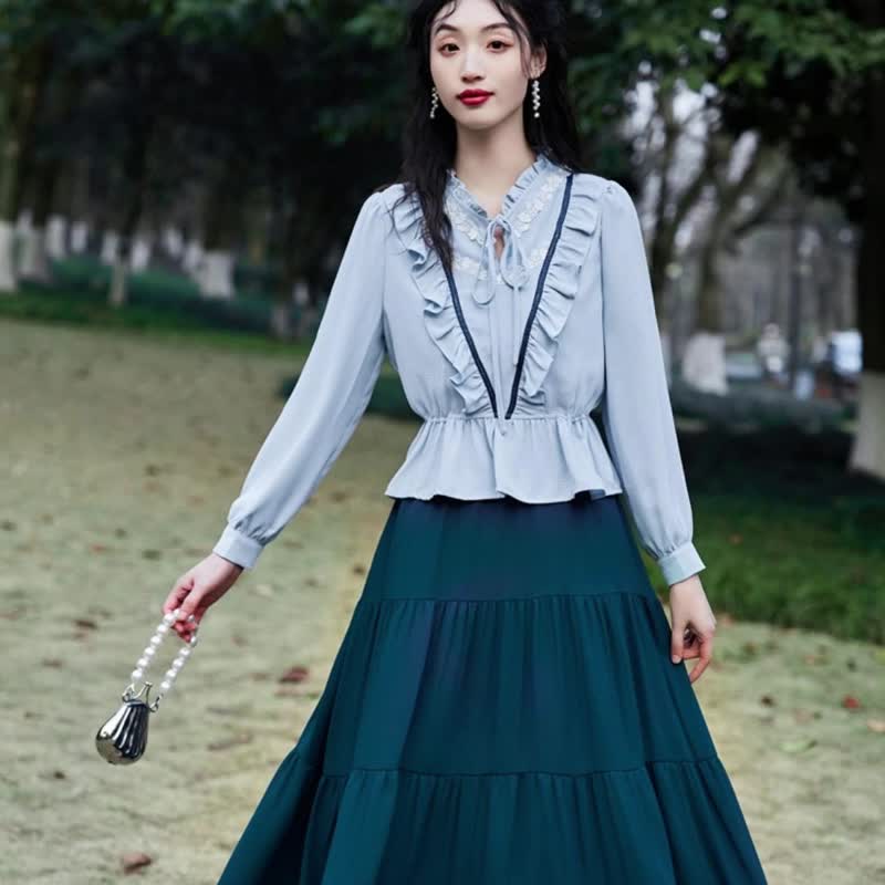 秋季孔雀蓝A字大摆伞裙 文艺风显瘦百搭松紧腰中长款半身裙洋装 - 裙子 - 其他材质 蓝色