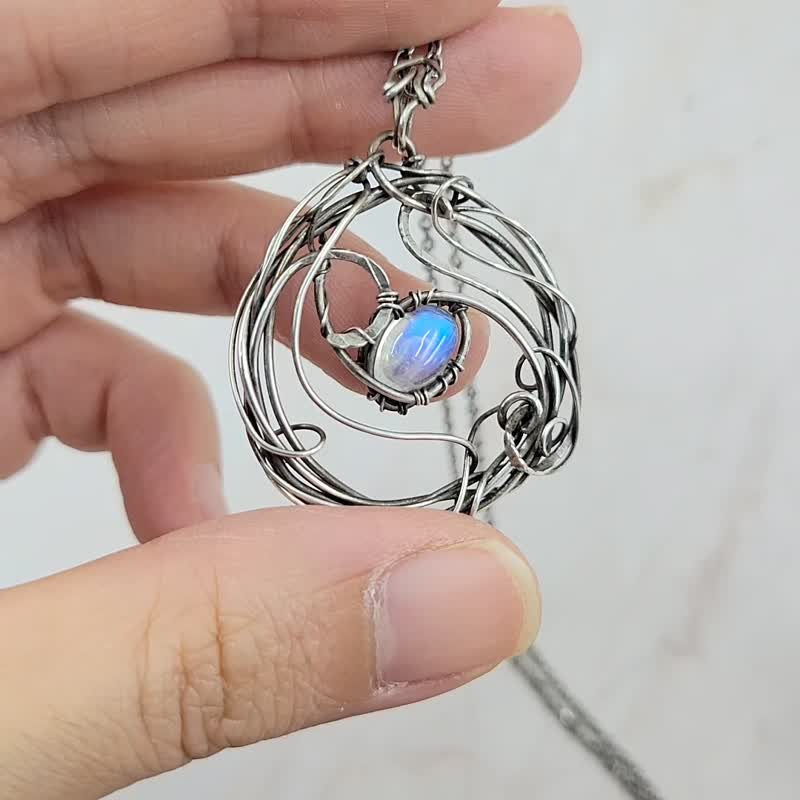 手工绕线 流动水纹 月亮石 999纯银 颈链 - 项链 - 银 