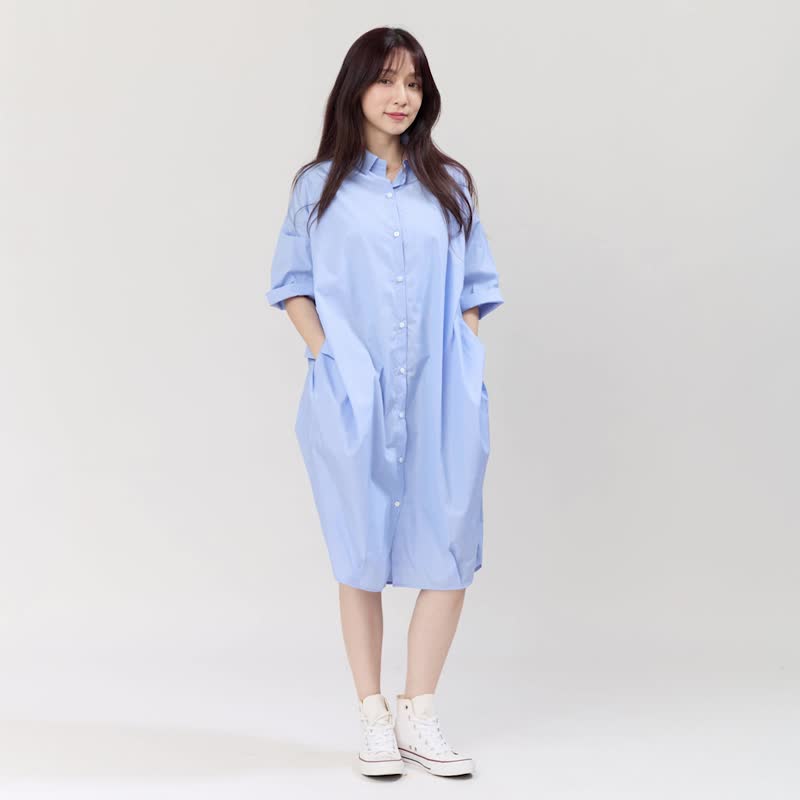 Nancy喃嘻開襟口袋洋裝 - 洋装/连衣裙 - 棉．麻 蓝色