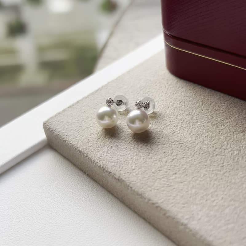 Akoya海水珍珠 天然真钻 钻石耳环 10分 铂金 日本制造 - 耳环/耳夹 - 宝石 