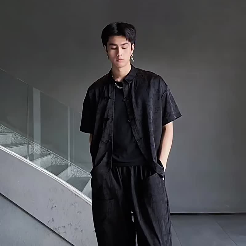 夏季新中式盘扣短袖衬衫  男士提花国风衬衣 - 男装衬衫 - 其他材质 黑色