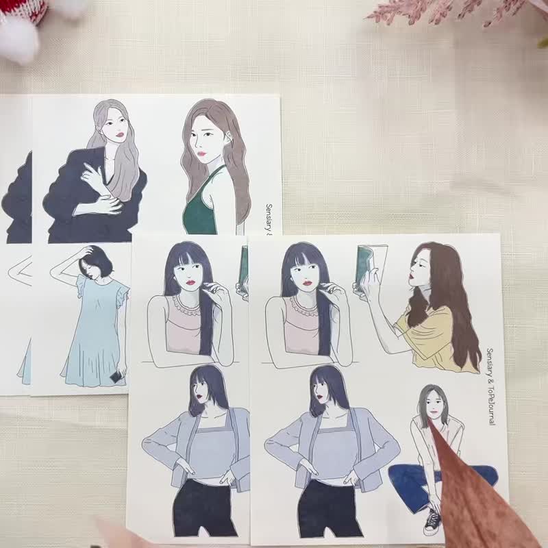 ToPeJournal - 简约手绘女孩纸胶带贴纸 4入组 - 贴纸 - 纸 