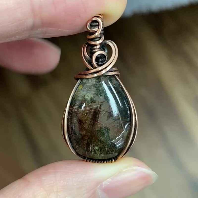 WW107 全手工编织 绕铜线复古做旧 wire wrap 花幽灵发晶吊咀 - 项链 - 铜/黄铜 咖啡色