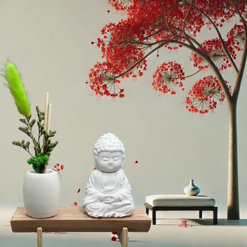 文青简约风 净念吉祥之育德小佛 原木底座系列 搭配永生花扩香瓶 - 香薰/精油/线香 - 水泥 白色