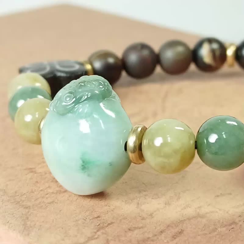 珠串雕刻手链 三脚蟾蜍 花青种缅甸玉+木化/带财来 雾面 - 手链/手环 - 玉石 绿色