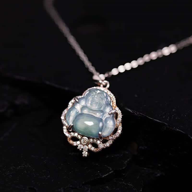 |招财开心佛|A货翡翠冰玻蓝飘花起萤佛公15.6mm纯银镀18k吊坠 - 项链 - 玉石 