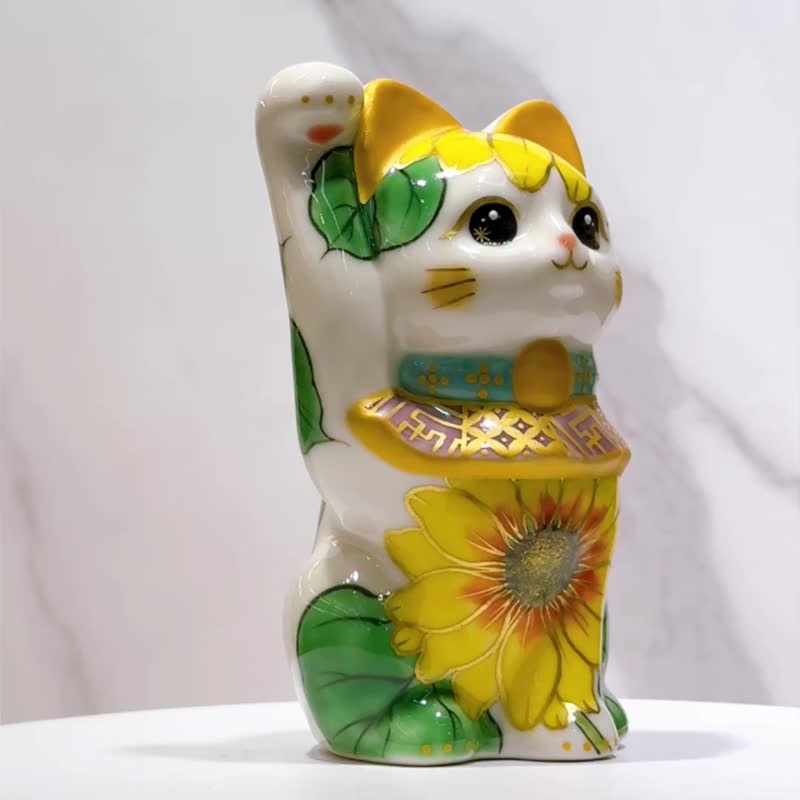【清水福猫】日本清水烧招财猫 | 色绘 向日葵 - 摆饰 - 瓷 白色