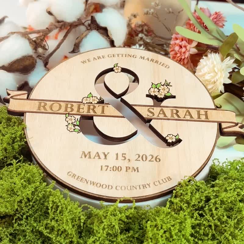 婚礼信息木制标示牌 – 定制化新人姓名与细节 - 喜帖 - 木头 