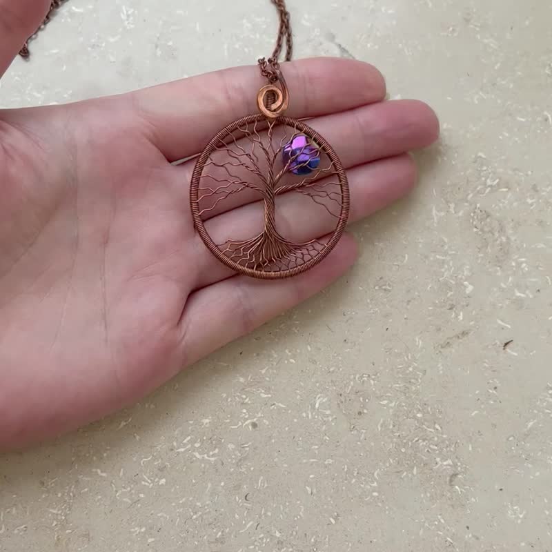 Copper Tree Of Life Pendant Good Luck Necklace Handmade Wire Wrapped Jewelry - 项链 - 半宝石 咖啡色