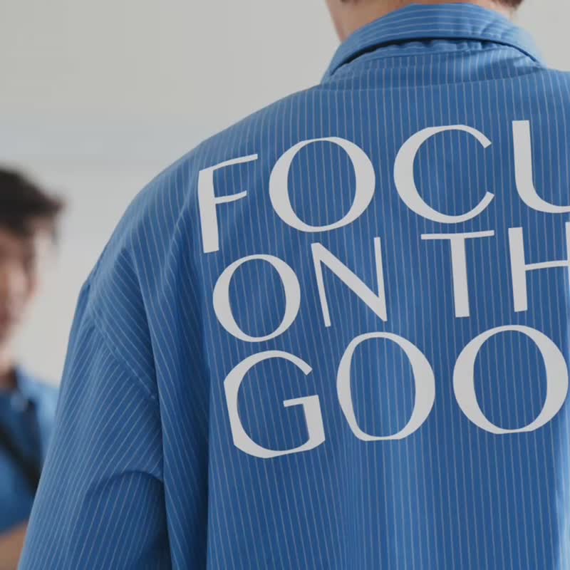 Stone As - Ling Sleeve Polo Shirt / 精神标语 衬衫 - 男装衬衫 - 棉．麻 蓝色