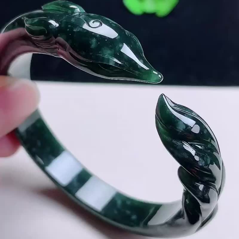 冰种 天然翡翠 缅甸 A玉 玉镯 • 糯冰种翡翠雕花镯 - 手链/手环 - 玉石 蓝色