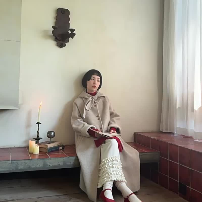 燕麥色 帶帽羊毛呢大衣 經典保暖通勤長款外套 - 女装休闲/机能外套 - 羊毛 卡其色
