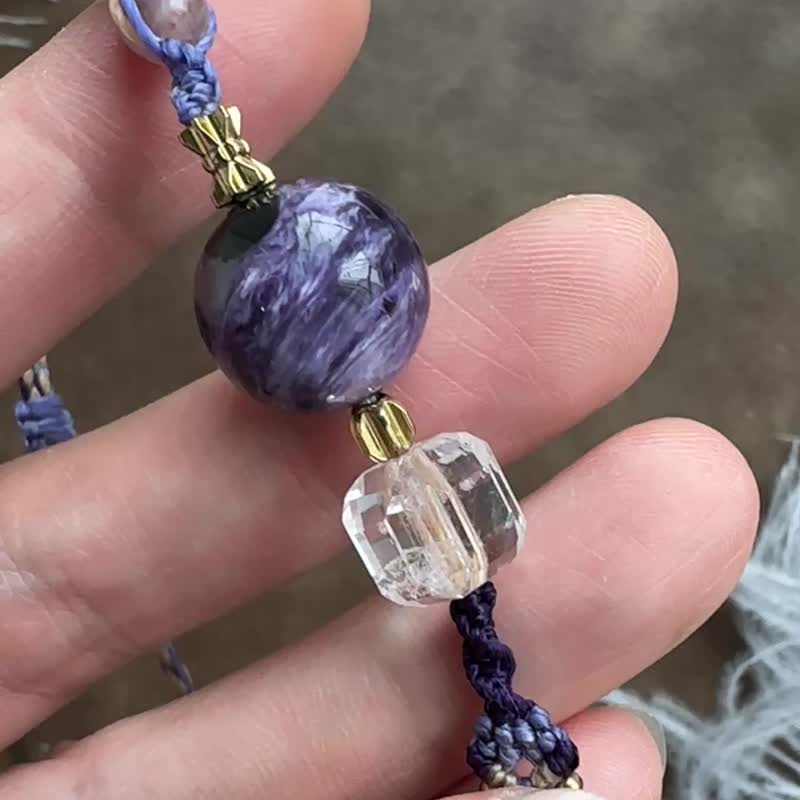 BB118 民族风 蜡线编织 紫龙晶珠 白水晶珠 手环 (可调长度) - 手链/手环 - 宝石 紫色