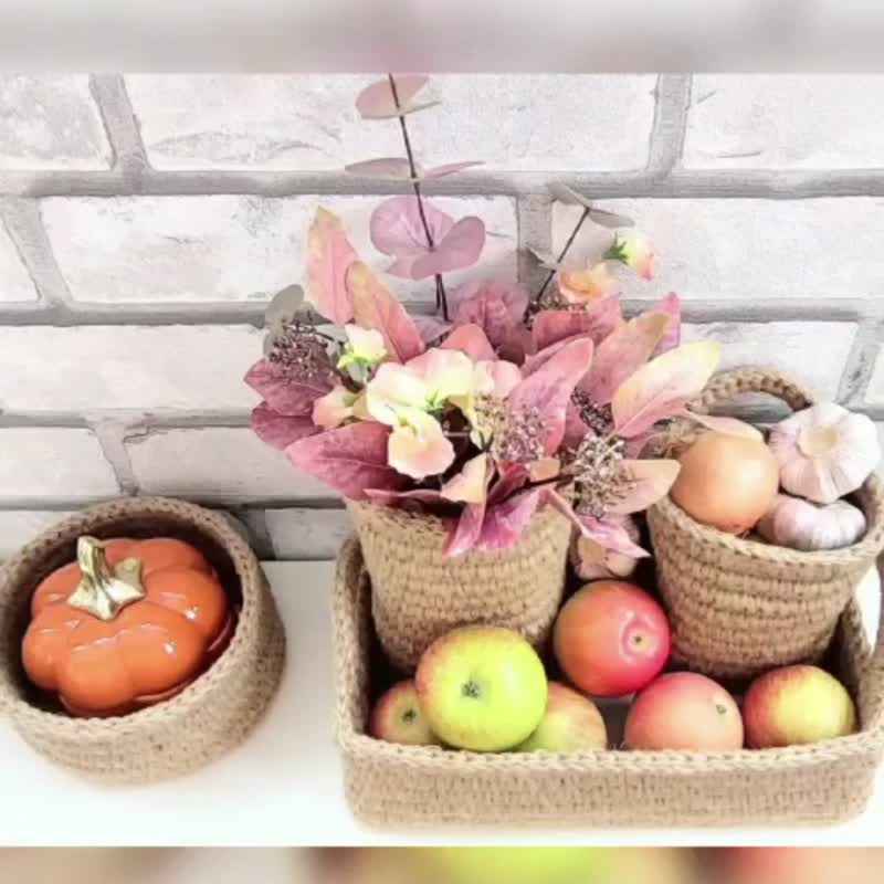 秋季钩编篮子简约厨房和餐饮存储母亲节礼物 - 收纳用品 - 棉．麻 卡其色