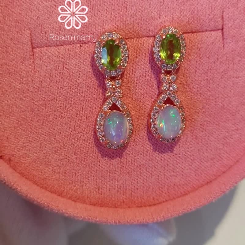 纯天然橄榄石与蛋白石垂坠耳环，925 纯银（玫瑰金镀层）材质 - 耳环/耳夹 - 纯银 绿色