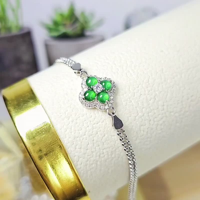 |幸运草|A货翡翠冰玻放光阳绿蛋面纯银镀18k四叶草双层圆珠手链 - 手链/手环 - 玉石 