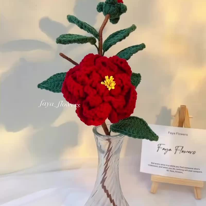 山茶瓶插花 针织花束 礼物 针织花 仪式感 生活 摆设 永生花七夕 - 干燥花/捧花 - 棉．麻 红色